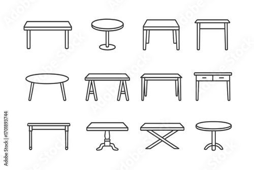 Table Line Icon Pack Vector. Outline furniture signs for graphic design, web, apps, adverts, cards. Cartoon style table silhouettes, round and rectangular shapes, home and office furniture icons set.