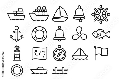 Nautical line icon set. Marine and ship symbols. Vector collection of boat, anchor, lighthouse, compass, wheel, sail, cruise, cargo ship pictogram for web design, apps.