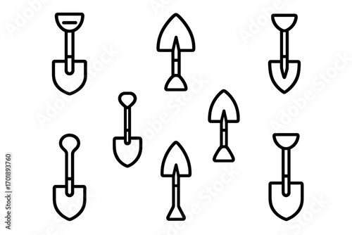 Set of shovel icons, garden spade outlines for graphic design, web, apps, adverts, gardening tools, tool symbols, vector cartoon illustration transparent background