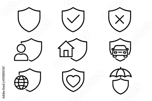 Set of line art shield protection icons with user, home, car, globe, heart, and umbrella symbols. Security, safety concept, insurance, digital and physical protection, vector outline illustration.