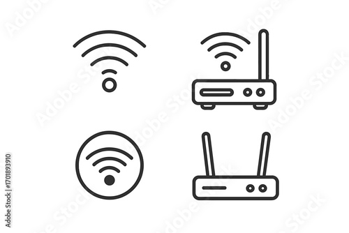 Modern WiFi and Router Outline Icons Set, Wireless Network Symbols for Tech Design, Apps, Social Media, Connectivity Concepts, Transparent Background, Vector Illustration