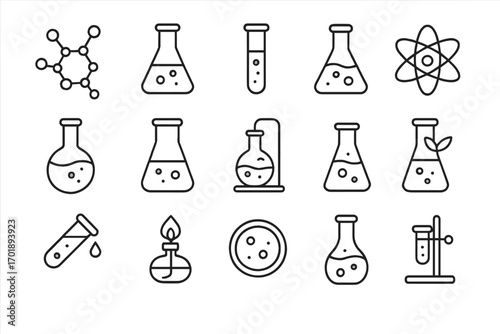 Set of Chemistry Related Line Icons, Editable Stroke, Vector Design for Web, Apps, Cards, Chemical Compound, Laboratory Flasks, Test Tubes, Atom, Science Symbols, Experiment Tools, Chemistry Equipment