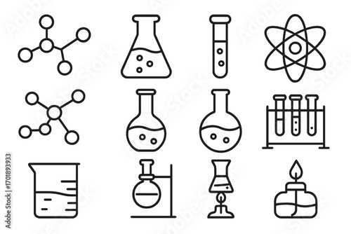 Set of Chemistry Line Icons with Editable Stroke for Design, Web, Apps, Cards. Includes Molecular Structures, Laboratory Flasks, Test Tubes, Atomic Models, Science Equipment Vector