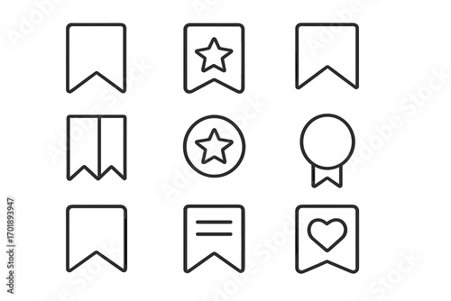 Bookmark line icon set. Save for later symbol collection. Favorite tag with star and heart. UI UX outline pictogram bundle for web design, apps, and social media interface.