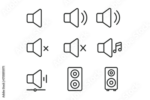 Set of loudspeaker and sound control line icons. Outline vector signs for graphic design, web, apps, adverts, audio, volume control, music symbols, speaker illustration
