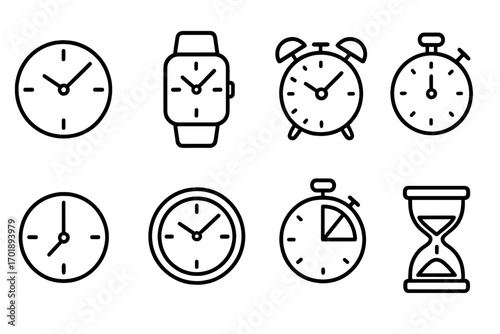 Set of clock icons including smart watch, alarm clock, timer, stopwatch, hourglass and wall clock. Outline vector symbols for graphic design, web, apps, advertising and cards.
