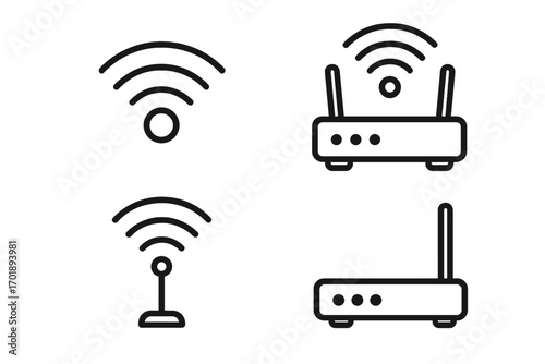Modern WiFi and Router Outline Style Icons Set, Wireless Signal Symbols for Technology, Internet Connectivity, Network Devices, Digital Communication, Transparent Background Vector
