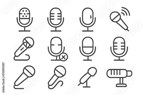 Set of microphone line icons, outline microphone symbols for graphic design, web apps, adverts, sound recording, audio equipment, podcast, voice, communication, music vector illustration