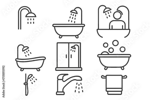 Set of Shower and Bathtub Line Icons, Bathroom Fixtures, Water Faucet and Showerhead Symbols, Bathing and Hygiene Outline Signs for Graphic Design, Apps, Web, Advertisements, Cards