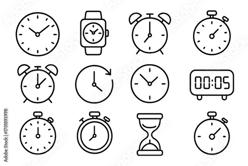 Set of clock icons, smart watch, alarm clock, timer line symbols, outline signs for graphic design, web, apps, advertising, vector cartoon illustration, time management concepts