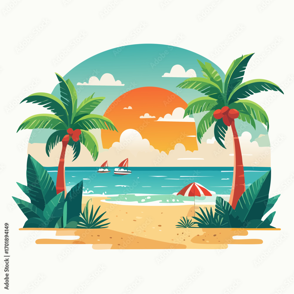 Obraz premium Tropical Beach Sunset With Palm Trees And Sailboats