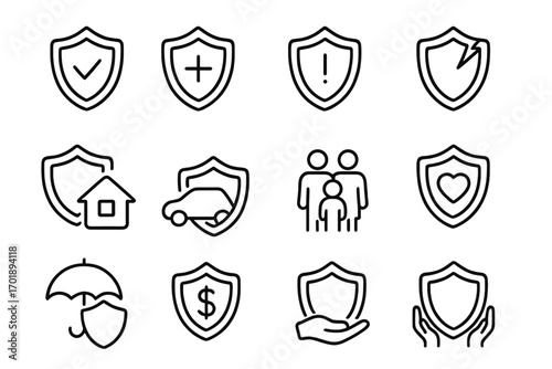 Shield and Insurance Line Icon Bundle with Protection Symbols for Home, Car, Family, Health, Finance, Safety, Security, and Risk Prevention, Outline Vector Illustrations for Graphic Design and Web