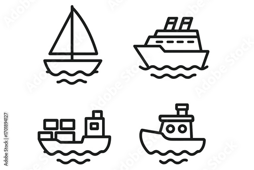 Ship line icon set, outline vessel symbols collection for graphic design, web, apps, adverts, and cards, includes sailboat, cruise ship, cargo ship, tugboat, nautical vector illustrations