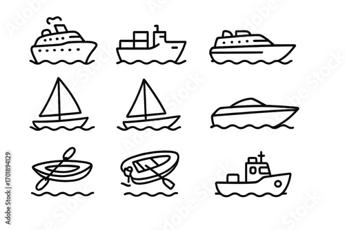 Ship line icon collection nautical vessel outline signs for graphic design, web apps, adverts, shipping, sailing, boats, yachts, cruises, fishing boats, water transport vector cartoon illustration