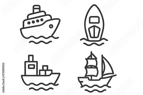 Ship line icon collection with cruise ship, boat, cargo ship and sailboat. Outline vector signs for graphic design, web, apps, advertising, and digital cards, transparent background