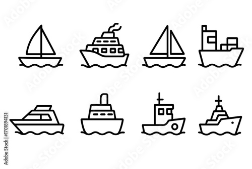 Ship line icon collection, outline vector signs for graphic design, web, apps, adverts, and cards, featuring various ship types, boats, sailboats, cargo, and yachts in cartoon style