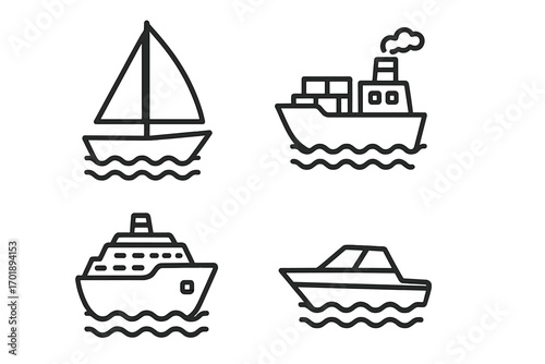 Modern ship outline style icons vector set for design, apps, social networks, transport, shipping, cruise, yacht, sailboat, cargo, sea travel, ocean, water transport, nautical illustration