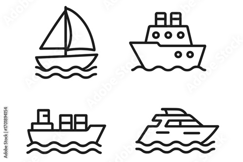 Ship line icon set with outline signs, graphic and web design elements, app and advert vector illustrations, transparent background, cartoon style ordered set of sea vessels