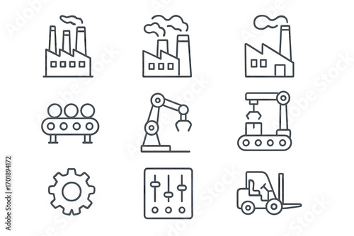 Industrial icon set. Thin line vector symbols of factory, manufacturing, production, and automation. Includes robotic arm, conveyor belt, forklift, and assembly line.