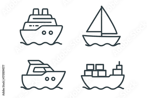 Modern ship and boat outline icons set for design, cards, apps, social networks, vector cartoon illustration, transparent background, cargo ship, cruise liner, sailboat, yacht