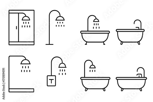 Shower and bathtub line icon collection, minimalist bathroom outline symbols for graphic design, apps, adverts, web design, user interface, and various cards, vector cartoon transparent background