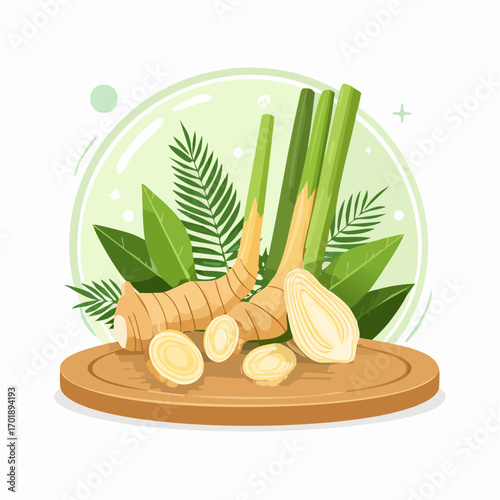 Freshly Cut Lemongrass on Wooden Board with Green Palm Leaves