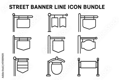 Street banner line icon bundle, outline signs for graphic design, web apps, adverts, cards, vector set, urban signage collection, transparent background, simple cartoon style