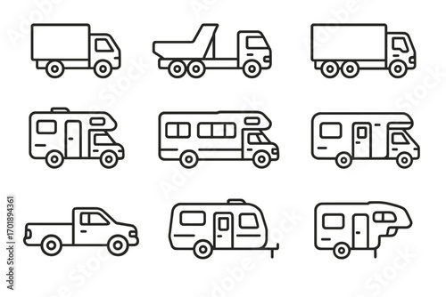 Truck and motor home line icon collection, outline vector signs for graphic design, web apps, advertising, various cards, cartoon style transport and travel symbols