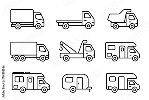 Truck and motor home line icon collection, outline signs for graphic, web design, apps, adverts, various cards, vector cartoon illustrations, transport and travel vehicles set