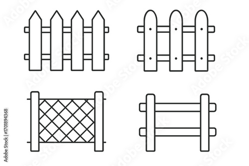 Fence line icon set. Picket fence, barrier, and enclosure outline symbols. Vector graphic elements for web, apps, and infographics. Garden, property, and boundary concepts.