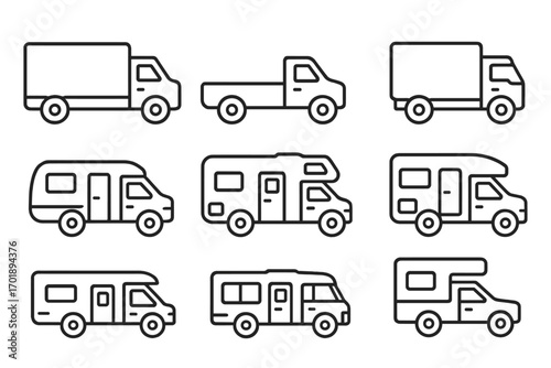 Truck and motor home line icon set, outline vehicle symbols for graphic and web design, app icons, advertising, transport and travel concepts, vector cartoon illustration with transparent background