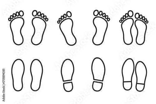 Footprint and shoe print line icon set. Human foot steps, bare feet & boot sole tracks. Vector outline graphic symbols for walking, path, tracking, web, apps & print.