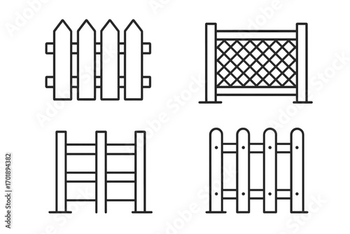 Fence icon set thin line vector symbols. Collection of outline picket fences for garden and property boundary. Simple barrier graphic elements for web design and apps.