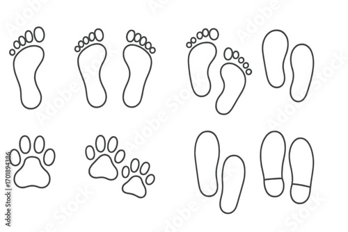 Footprint line icon bundle with human feet, barefoot steps, shoe prints, and animal paw tracks. Outline vector signs for graphic design, apps, and web. Symbol set.