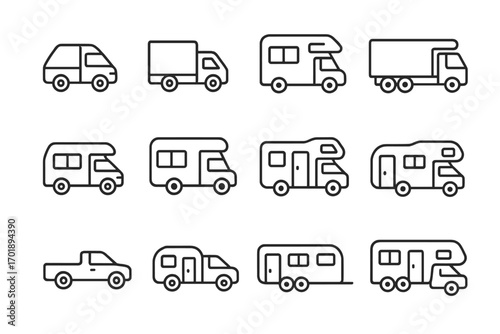 Truck and motor home line icon collection, vehicle outline signs for graphic design, web apps, adverts, cards, transport and travel symbols, vector cartoon illustration