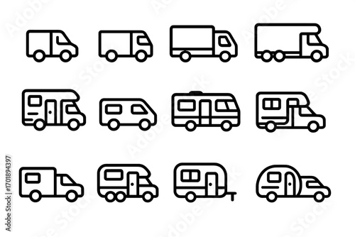 Truck and motor home icon set, outline vector symbols for graphic design, web, app, advertisement, transport vehicles, cargo delivery, camper, RV, travel trailer collection