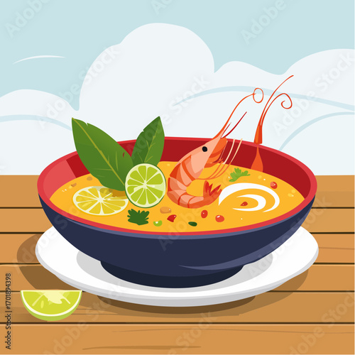 Tom Yum Soup With Shrimp Lime And Herbs In Blue Bowl