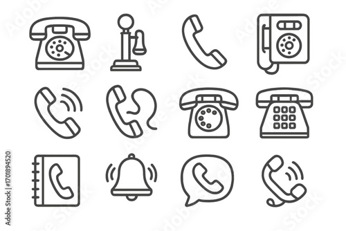 Vintage phone line icon pack, outline signs for graphic design, web design, apps, adverts, various cards, retro telephone vector cartoon illustrations, transparent background