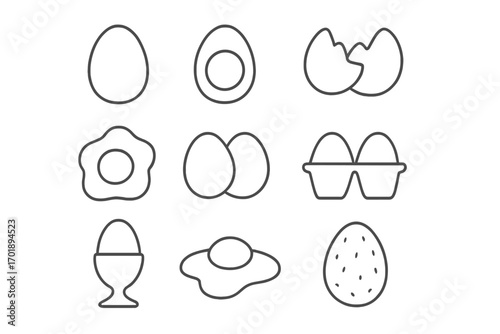 Egg icon set thin line collection. Vector outline symbols of boiled, fried, and cracked eggs. Breakfast food illustration for cooking, recipes, web, and app design.