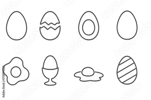 Egg icon set collection. Thin line art vector symbols. Fried, boiled, soft-boiled, broken, cracked shell and decorated easter egg. Food, breakfast menu, cooking pictogram.