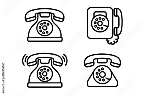 Vintage phone outline icons set with rotary dial, classic telephone designs, retro communication symbols, modern cartoon style vector illustration for apps, social media, and design projects