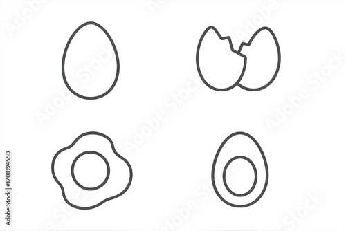 Egg icon set thin line art. Vector collection of food symbols including whole, broken shell, fried and boiled eggs. Minimalist outline illustration for cooking or breakfast.
