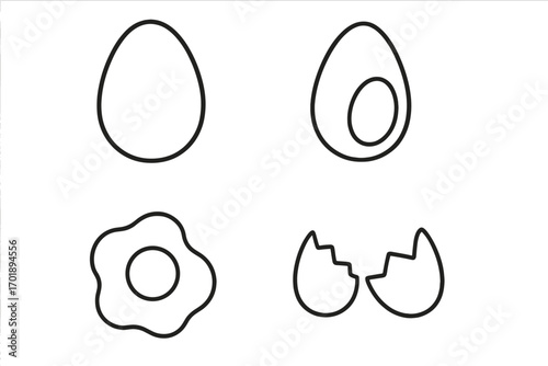Egg icon set simple line art collection. Fried egg, boiled, broken shell and whole egg symbols. Vector illustration for breakfast, food, cooking and nutrition concepts.
