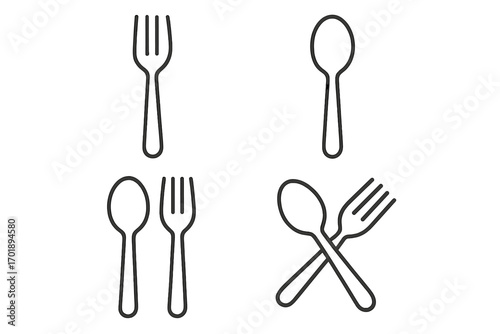 Fork and spoon thin line icon set. Minimalist cutlery vector graphic collection. For restaurant menus, food apps, websites. Simple utensil symbols with editable stroke. Crossed.