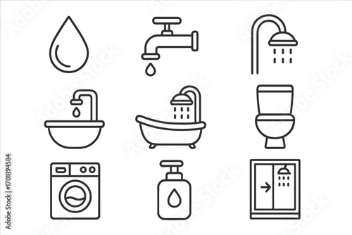 Water and Bathroom Plumbing Icons Set. Simple Line Art Collection of Shower, Faucet, Bathtub, Toilet, Sink, Soap Dispenser, Washing Machine. Editable Stroke Vector for Web, Apps, Cards