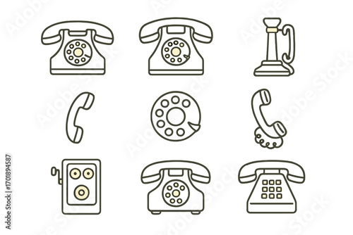 Vintage phone thin line icon set with rotary dial classic telephones, handset, crank dialer, push button, retro communication symbols for graphic and web design