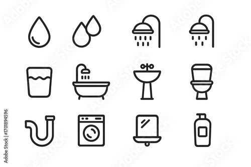 Water and bathroom icons set with shower, tub, sink, toilet, washing machine outlines. Simple isolated editable stroke line vector collection for web, apps, cards.