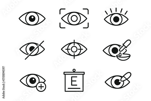 Set of eye related line icons, outline eye symbols for graphic design, web design, app interfaces, advertising, vision care, eye treatment, and optical health concepts on transparent background