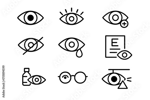 Set of Eye Related Line Icons, Vision and Eye Care Symbols, Outline Vector Signs for Graphic Design, Medical, Web, Apps, Advertisements, Eye Test, Glasses, Eye Drops, Eye Protection