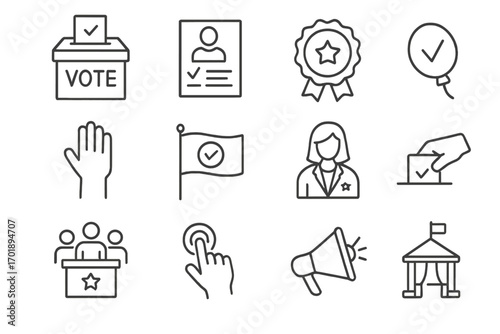Vector line icon set for election and voting. Thin line symbols for politics, democracy, and government. Contains ballot box, vote, candidate, campaign, debate, and poll icons.
